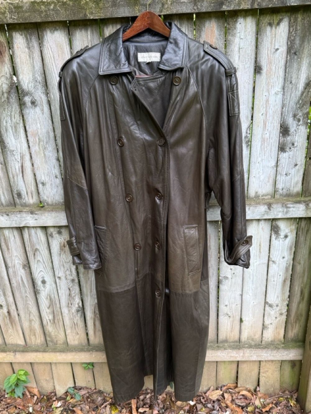 VTG Jones New York Vintage Leather Trench Coat dark green *missing belt* 14